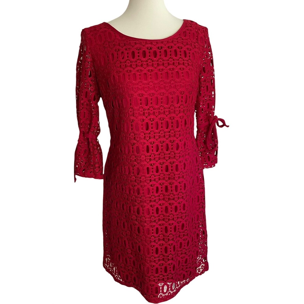 Karin Stevens Lace Sheath Dress Women's Size 10 Medium Red Bell Sleeve Tie